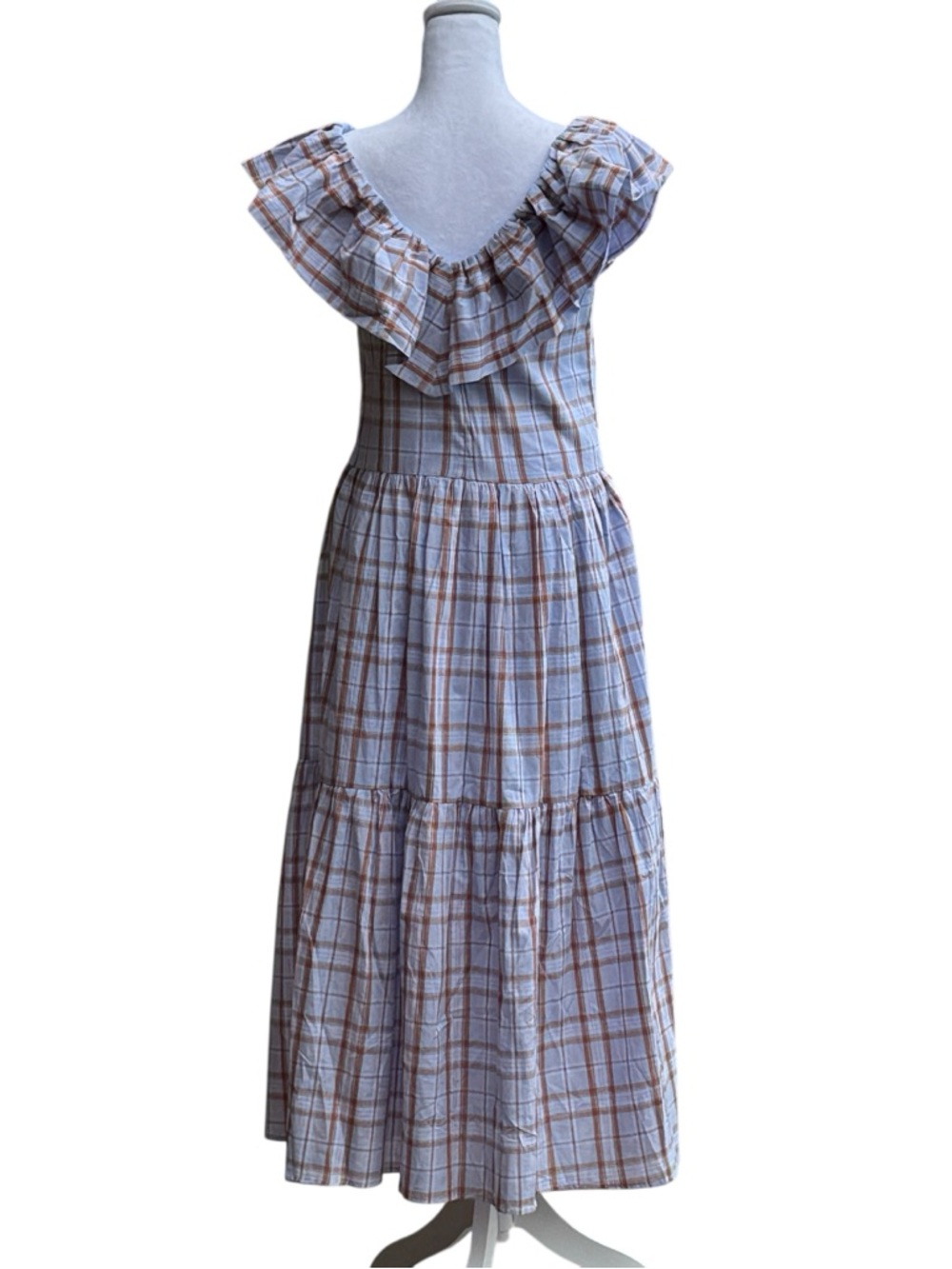 NWT English Factory Plaid Ruffle Midi Dress in Light Blue and Tan size Small - Picture 4 of 14